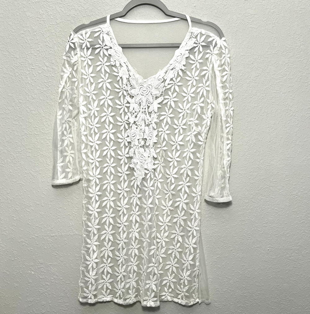 White Lacy Sheer Cover Up Dress Medium Bridal Bachelorette Boho Chic Festival